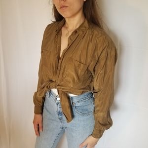 Vintage Silk Bogari Olive Green Button-down Shirt
